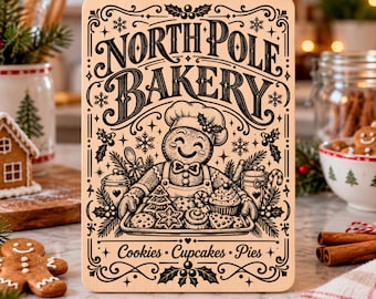 North Pole Bakery SVG, Gingerbread Baker PNG, insegna natalizia per la cucina, file per incisione laser natalizia