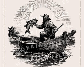 Puede incluir: Ilustración en blanco y negro de un pescador en una barca sosteniendo un pez, con un sol en el fondo. La imagen incluye el texto "WORKING FILES" y "HIGH-QUALITY SVG, PNG". El pescador lleva un sombrero y un mono.