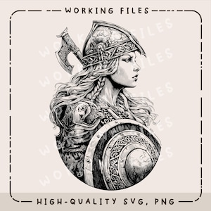 May include: Black and white illustration of a female warrior in profile, wearing a helmet, armor, and holding a shield and axe. The image includes the text "WORKING FILES" and "HIGH-QUALITY SVG, PNG".