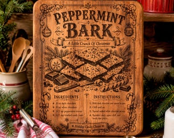 Archivo SVG de receta de corteza de menta, letrero PNG de dulces navideños, archivo de grabado láser para cocina navideña, diseño de tablero de recetas vintage