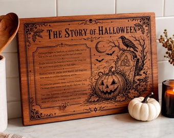 ハロウィンの物語SVG、ハロウィンの歴史カッティングボードデザイン、サムハインの起源PNG、不気味なレーザー彫刻ファイル