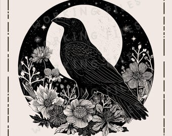 Raven Moon SVG, Halloween Vector Design, Raven with Flowers Clipart Png, Laser Engraving Design, Cutting Boards, Digital Download