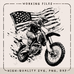 Dirt Bike med amerikansk flagga SVG, motorcykelvektordesign, amerikansk flagga lasergravyr, clipart PNG, CNC, skärbrädor, digital nedladdning