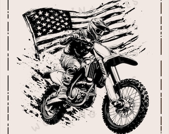 May include: Black and white illustration of a motocross rider on a dirt bike, with an American flag in the background. The rider is wearing a helmet and goggles, and the bike has a large front tire.