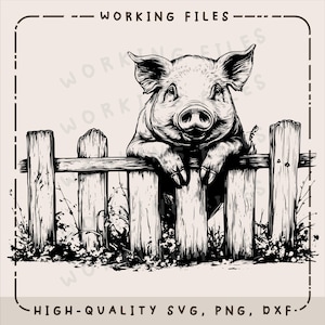 May include: A black and white illustration of a pig peeking over a wooden fence. The pig has a rounded snout and small ears. The fence is made of vertical planks.