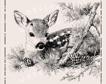 Peut inclure: Illustration en noir et blanc d'un faon couché parmi des branches de pin et des pommes de pin. Le texte "WORKING FILES" est en haut et "HIGH-QUALITY SVG, PNG, DXF" en bas.