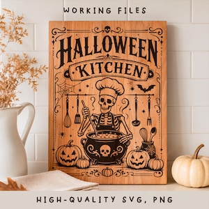 SVG per cucina di Halloween, design di un tagliere con uno chef scheletrico, PNG spettrale per la cucina, file per incisione laser