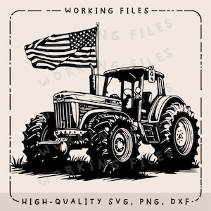 May include: Black and white illustration of a tractor with an American flag waving in the wind. The tractor has large tires and a cab with a windshield. The tractor is on a grassy field.