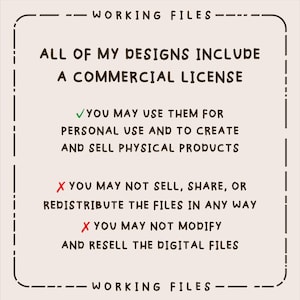 Peut inclure: Graphique beige avec le texte "WORKING FILES" en haut et en bas. Le texte indique que toutes les cr&eacute;ations incluent une licence commerciale, permettant l'utilisation personnelle et la cr&eacute;ation et la vente de produits physiques. Il indique &eacute;galement que les fichiers ne peuvent pas &ecirc;tre vendus, partag&eacute;s ou modifi&eacute;s.