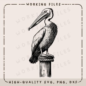 Pelikan auf Dock Piling SVG, Meer Vektor-Design, Lasergravierer, Clip Art PNG, Cnc, Schneidebretter, digitaler Download