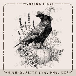 May include: Black and white illustration of a raven wearing a witch hat, perched on a pumpkin surrounded by flowers and foliage. The image includes the text "WORKING FILES" and "HIGH-QUALITY SVG, PNG, DXF."