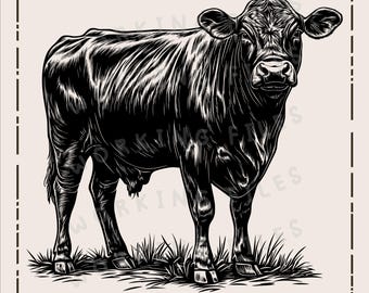 May include: Black and white line art illustration of a cow standing in a field of grass. The cow is facing the viewer and has a detailed, realistic depiction of its features.