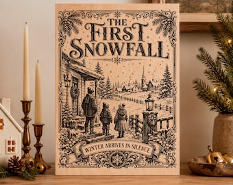 SVG de la primera nevada, PNG de escena invernal vintage, archivo de grabado láser navideño familiar, diseño de placa de madera de pueblo nevado