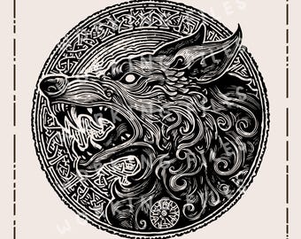 Fenrir SVG, imágenes prediseñadas de lobo nórdico, diseño escandinavo, nudo celta PNG, archivos para grabado láser