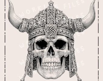 Calavera con casco vikingo SVG, diseño PNG de Halloween, archivos de grabado láser para Lightburn y Glowforge CNC.