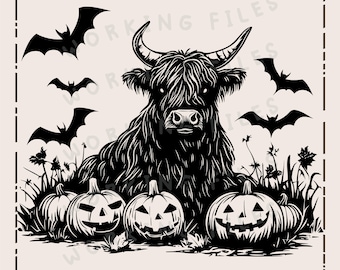 Mucca delle Highlands in formato SVG, Halloween Western in formato PNG, Zucca spettrale, Design a sublimazione, Design con incisione laser, Taglieri in formato SVG, Download digitale