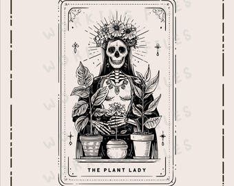 May include: Black and white illustration of a skeletal figure adorned with a floral crown and necklace, holding plants in pots. The text "THE PLANT LADY" is at the bottom, with "WORKING FILES" at the top. The image is framed with a decorative border.
