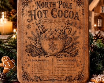 Receta de chocolate caliente del Polo Norte SVG, letrero de bebida navideña PNG, archivo de grabado láser para cocina navideña, diseño de tablero de recetas vintage