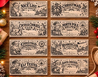 8 Christmas Certificate SVG Bundle, Santa Nice List Tickets, North Pole Gift Tag PNG, Laser Engraving Files