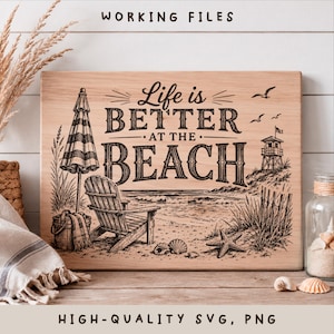 May include: A rectangular wooden cutting board featuring a laser-engraved beach scene with a striped umbrella, a wooden chair, a lifeguard tower, and seashells. The text reads Life is BETTER AT THE BEACH in a decorative black font style.