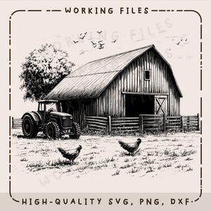 May include: Black and white line art illustration of a farm scene with a barn, tractor, and chickens. The barn has a large wooden door and a window. The tractor is parked in front of the barn. Two chickens are walking in the grass.