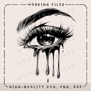 Puede incluir: Ilustración en blanco y negro de un solo ojo con líquido negro goteando. El ojo está cerrado y tiene pestañas largas.