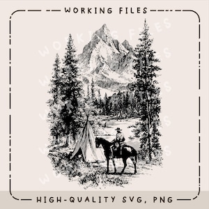 May include: Black and white illustration of a mountain landscape with a cowboy on horseback. A teepee is near the water's edge, and the text "WORKING FILES" and "HIGH-QUALITY SVG, PNG" are at the top and bottom.