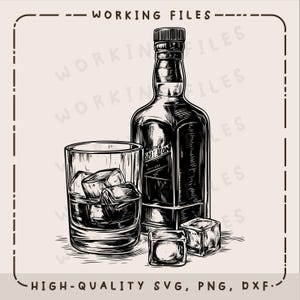May include: A black and white line drawing of a bottle of whisky with a glass of ice. The bottle has a label that says "SPICION".