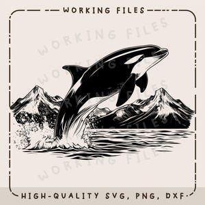 Puede incluir: Ilustración en blanco y negro de una orca saltando fuera del agua con montañas en el fondo.