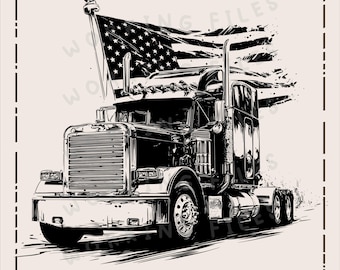 May include: Black and white illustration of a semi-truck with an American flag waving from the top. The image includes the text "WORKING FILES" at the top and "HIGH-QUALITY SVG, PNG, DXF." at the bottom.