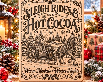 Sleigh Rides Hot Cocoa SVG, Winter Christmas Sign PNG, Cozy Holiday Laser Engraving File