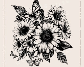 Peut inclure: Illustration en noir et blanc d'un bouquet de tournesols avec deux papillons. Les tournesols sont en pleine floraison et ont de grands centres ronds. Les papillons sont perchés sur les tiges des tournesols.