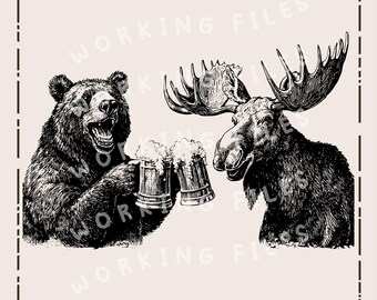 Archivos SVG de "Amigos de la Cerveza", diseño de oso y alce, PNG de animales divertidos, archivos para grabado láser.