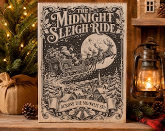Paseo nocturno en trineo SVG, Papá Noel navideño vintage PNG, archivo de grabado láser de reno, diseño de placa de madera navideña a la luz de la luna