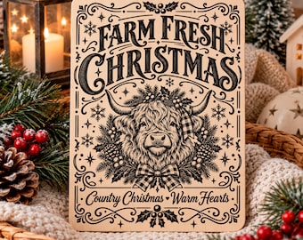 File SVG di Natale fresco di fattoria, immagine PNG di mucca delle Highlands, cartello natalizio rustico, file per incisione laser di Natale in stile country