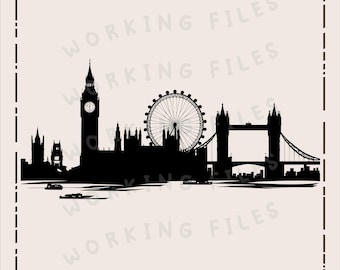 London City Skyline SVG, Big Ben Design, Tower Bridge, London Eye, Laser Engraver, Clip art PNG, Cutting Boards, Digital Download