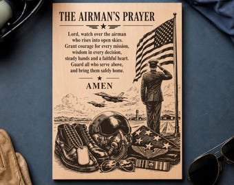 Oración del aviador SVG, regalo de la Fuerza Aérea PNG, archivo de grabado láser para jubilación militar, diseño de letrero de madera para veterano patriótico