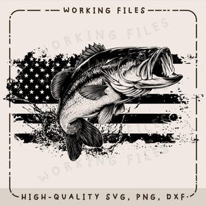 May include: Black and white illustration of a largemouth bass leaping out of water, set against a distressed American flag design. The image includes the text "WORKING FILES" and "HIGH-QUALITY SVG, PNG, DXF."