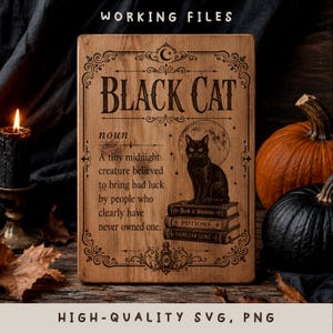 Peut inclure: Une plaque en bois rectangulaire avec une définition gravée au laser d'un chat noir. Le texte indique : Black Cat noun A tiny midnight creature believed to bring bad luck by people who clearly have never owned one. Elle comprend une illustration d'un chat assis sur une pile de trois livres intitulés Book of Shadows, Potions et Familiar Lore, le tout encadré par des volutes décoratives.