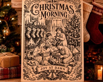 SVG de la mañana de Navidad, PNG de escena navideña familiar vintage, archivo de grabado láser para niños abriendo regalos, placa de madera "Alegría al amanecer"
