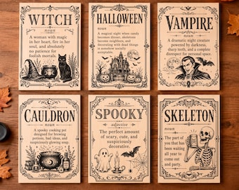 Paquete de definiciones de Halloween en formato SVG, 20 diseños PNG de diccionario espeluznantes y divertidos, archivos de grabado láser vintage, juego de letreros de madera de Halloween.