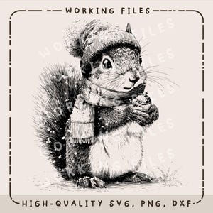 Op de afbeelding: Zwart-wit illustratie van een eekhoorn met een wintermuts en sjaal, die een noot vasthoudt. De afbeelding bevat de tekst "WORKING FILES" bovenaan en "HIGH-QUALITY SVG, PNG, DXF" onderaan.