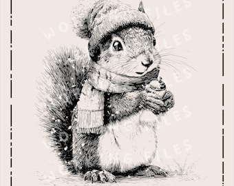 May include: A detailed monochrome illustration of a squirrel wearing a winter hat and scarf, holding a nut. The image includes the text "WORKING FILES" at the top and "HIGH-QUALITY SVG, PNG, DXF" at the bottom.