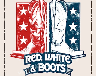 PNG rojo, blanco y botas, diseño de camiseta del oeste, ilustración del 4 de julio, diseño de sublimación rojo, blanco y azul, descarga digital
