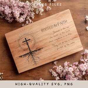 May include: A rectangular wooden plaque with the words "ROOTED IN FAITH" and a cross design. The plaque also features the text "Blessed is the one who trusts in the Lord, whose confidence is in Him. They will be like a tree planted by the water."