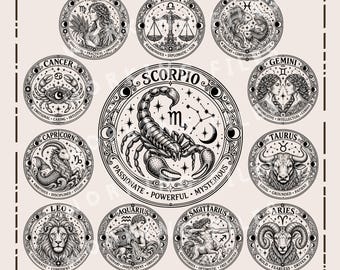 12 Zodiac Signs SVG Bundle, Astrology Circle PNG Set, Celestial Horoscope Laser Engraving Files