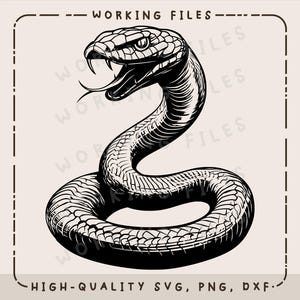 Può includere: Illustrazione in bianco e nero a linea di un serpente avvolto con la testa sollevata e la bocca aperta. Il serpente è rappresentato in uno stile realistico con squame dettagliate e una lingua biforcuta.