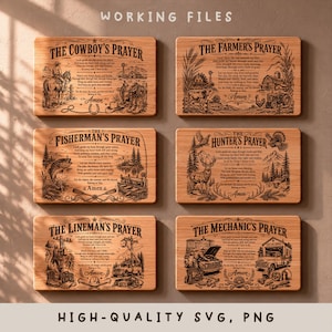 May include: Six rectangular wooden plaques featuring engraved black illustrations and text. The designs include The Cowboy's Prayer, The Farmer's Prayer, The Fisherman's Prayer, The Hunter's Prayer, The Lineman's Prayer, and The Mechanic's Prayer.