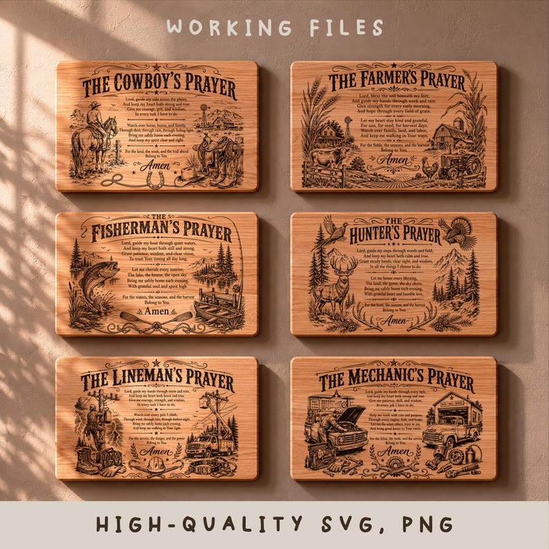 May include: Six rectangular wooden plaques featuring engraved black illustrations and text. The designs include The Cowboy's Prayer, The Farmer's Prayer, The Fisherman's Prayer, The Hunter's Prayer, The Lineman's Prayer, and The Mechanic's Prayer.