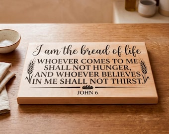 Versículo bíblico Juan 6:35 SVG, diseño de letrero "Yo soy el pan de vida", tabla de cortar cristiana PNG, archivos para grabado láser